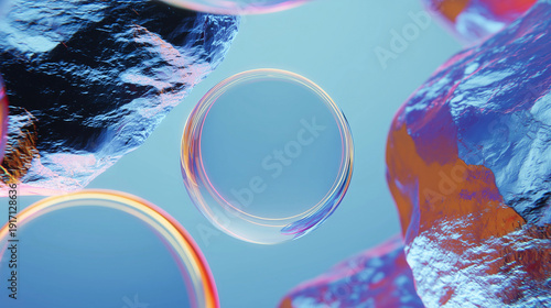 abstract iridescent bubbles and textured blue rocks in a liquid dreamlike environment