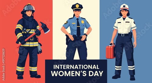 International Women’s Day poster featuring women in public service uniforms celebrating courage, dedication, empowerment, equality, and leadership in community roles