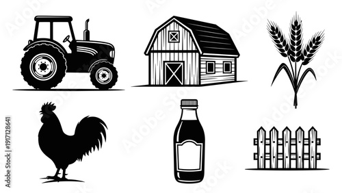 Black and white farm icons including tractor, barn, wheat, rooster, milk bottle, and fence