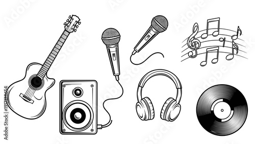 Music icons including guitar, microphones, speaker, headphones, and vinyl record