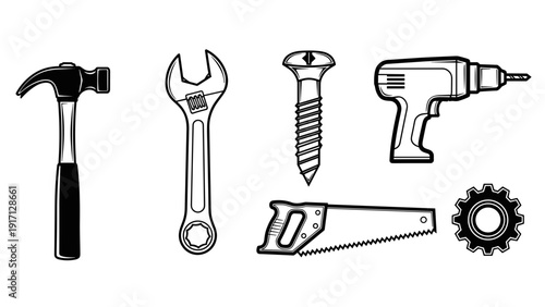 A set of various hand tools and equipment for construction and repair