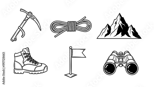 Black and white illustration of various hiking and climbing equipment