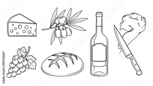 A set of wine and cheese ingredients including a bottle of wine, cheese, bread, grapes, and olives