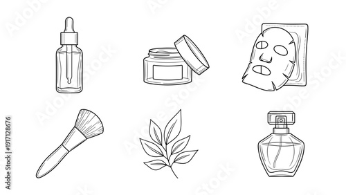 A set of various skincare and beauty products in a line drawing style