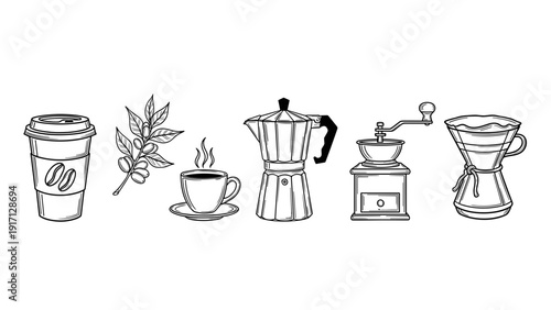 Black and white line drawing of coffee related items