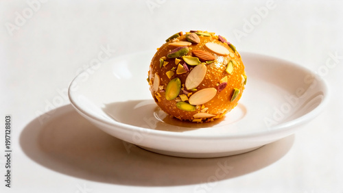 Round laddu decorated with almond crumbs on a ceramic plate
