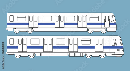 White Subway Trains with Blue Stripes Illustration.