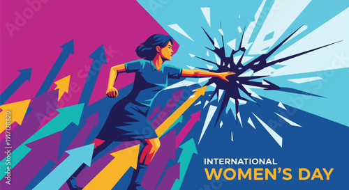 International Women’s Day poster of confident woman breaking symbolic barrier representing equality, progress, ambition, empowerment, and leadership achievement