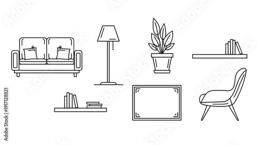 Vector illustration of various furniture and home decor items