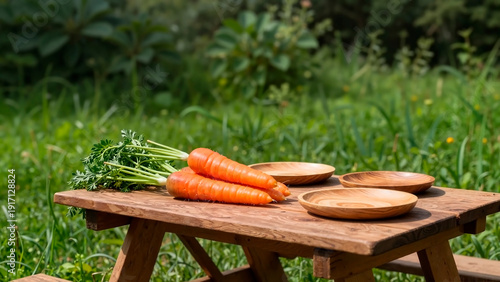 Bright orange carrots on a picnic table in a lush green garden