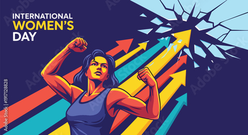 International Women’s Day poster of confident woman breaking symbolic barrier representing equality, progress, ambition, empowerment, and leadership achievement