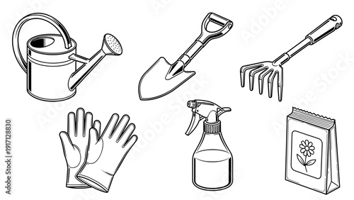 Gardening tools and accessories including gloves and seed packet