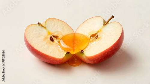 Half apple with honey reflection, bright colors, artistic food concept