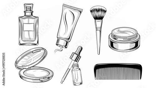 Black and white illustration of various makeup products and tools