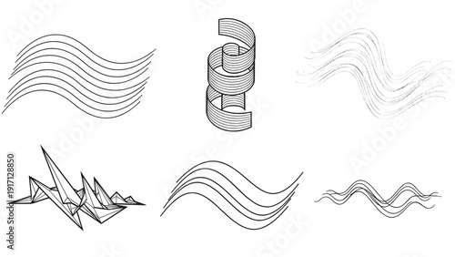 Collection of various wavy line designs and shapes in black and white