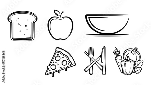 A set of food and dining icons including bread, apple, bowl, pizza, utensils, and vegetables