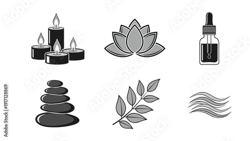 Black and white spa and wellness icons including candles, lotus, oil, stones, leaves, and waves