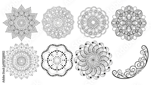 Set of intricate black and white mandala designs
