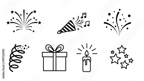 Black and white line art icons of party objects and symbols