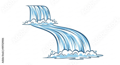A vector graphic illustration of a stylized waterfall with flowing water and clouds