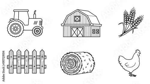Black and white farm icons including tractor, barn, wheat, fence, hay bale, and chicken