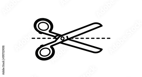 A minimalist vector graphic of scissors cutting through a dotted line on a white background