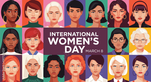 International Women’s Day poster featuring diverse women faces celebrating inclusion, representation, empowerment, equality, and global female diversity and unity