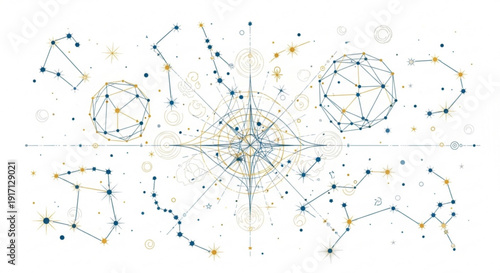 A vector graphic illustration of a stylized astronomical map with constellations and stars in a minimalist design