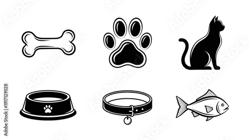 Black and white icons of pet related items and animals
