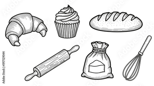 Baking ingredients and tools including croissant cupcake bread rolling pin flour bag and whisk