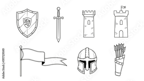 Medieval icons including shield sword castle flag helmet and quiver