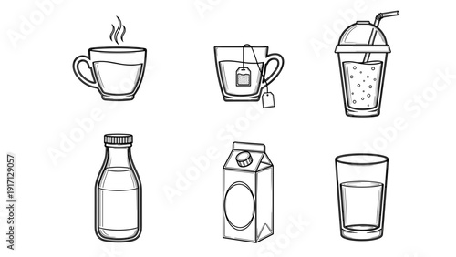 A set of six beverage container illustrations including a cup of coffee, tea, soda, milk bottle, carton, and glass of water