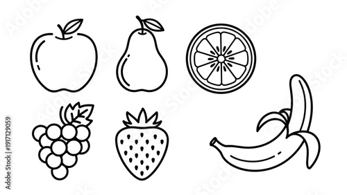 A set of various fruit icons in a line drawing style