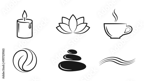 Black and white line art icons for spa and wellness concepts including candle, lotus flower, tea cup, swirl, stones, and wave