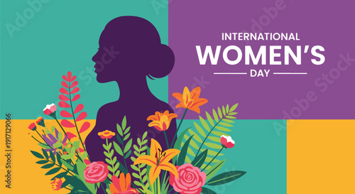 International Women’s Day poster with strong female silhouette surrounded by plants symbolizing growth, empowerment, confidence, self development, and positive transformation