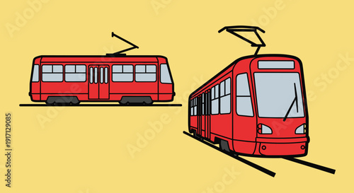 Red Trolley Buses on Yellow Background.