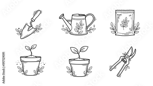 A set of gardening tools and plants in a simple line drawing style