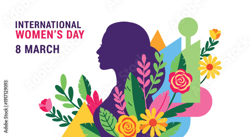 International Women’s Day poster with strong female silhouette surrounded by plants symbolizing growth, empowerment, confidence, self development, and positive transformation