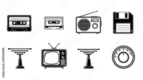 Retro electronic devices and media storage icons including cassette tapes and old television