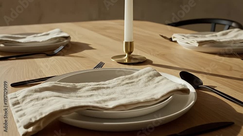 Wooden table setting with candle and plates neutral tones