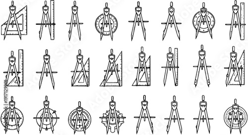 Black and white line art set of various drawing compasses and drafting tools, ideal for engineering, architecture, geometry, and technical design illustrations.
