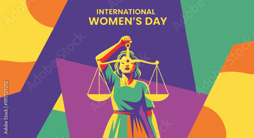 International Women’s Day poster of confident woman holding balance scale representing equality, justice, empowerment, fairness, and women rights awareness