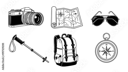 Black and white illustration of various hiking and travel icons