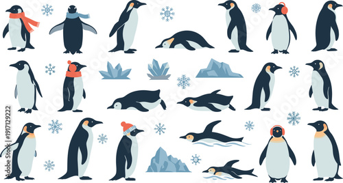 Collection of penguins in various poses with snowflakes and ice