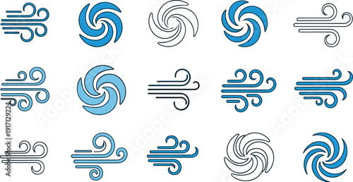 Collection of various swirling wind icons and symbols in blue and black