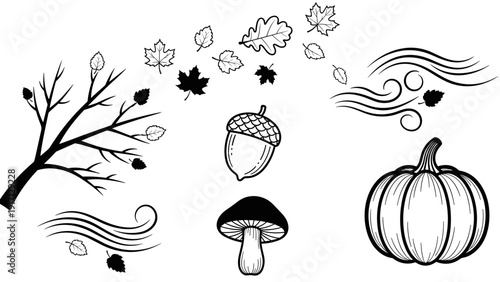 Black and white autumn icons including tree, acorn, mushroom, pumpkin, and leaves