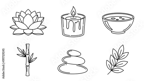Black and white line drawing of various spa and wellness icons