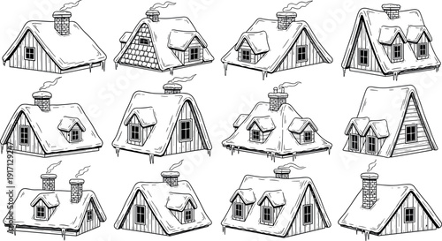 Black and white illustration of various aframe houses with snow