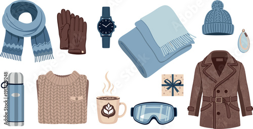 Winter clothing and accessories arranged