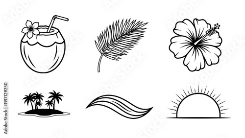 Tropical icons including palm tree leaf, hibiscus flower, and summer sun